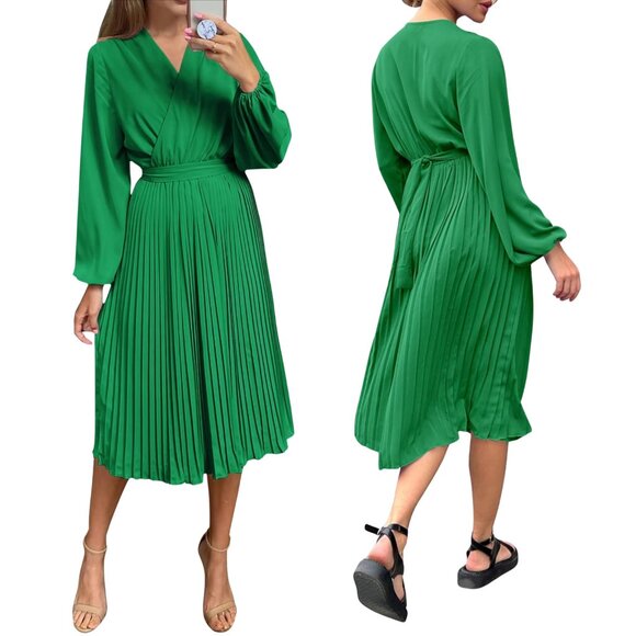 Prettygarden Women's Midi Long Puff Sleeve Flowy Green Dress - Size‎ XXL - Picture 1 of 11